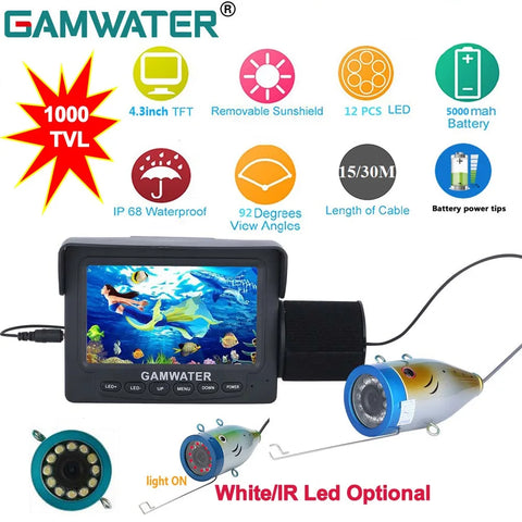 GAMWATER 4.3" Inch 1000tvl IP68 Underwater Fishing Video Camera 12 White IR Lights Fishfinder For Ice Lake Boat Outdoor Fishing